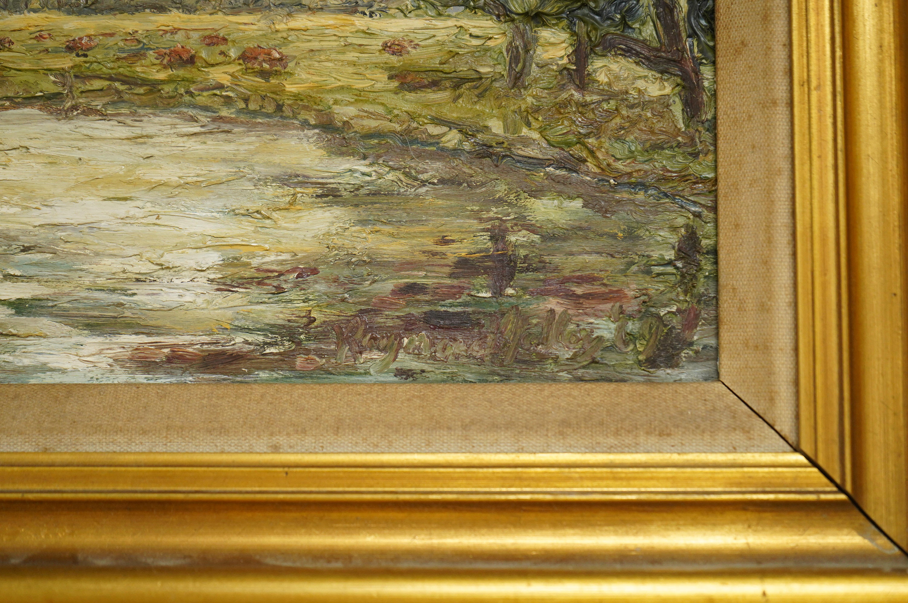 Raymond Hedley, 'Yalding', signed, impasto oil on board, 25 x 35cm, gilt framed